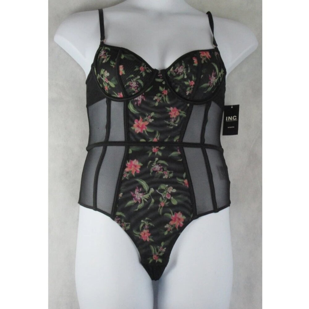 INC Women's Tropical Flowers Mesh Thong Bodysuit, Black Multi Floral